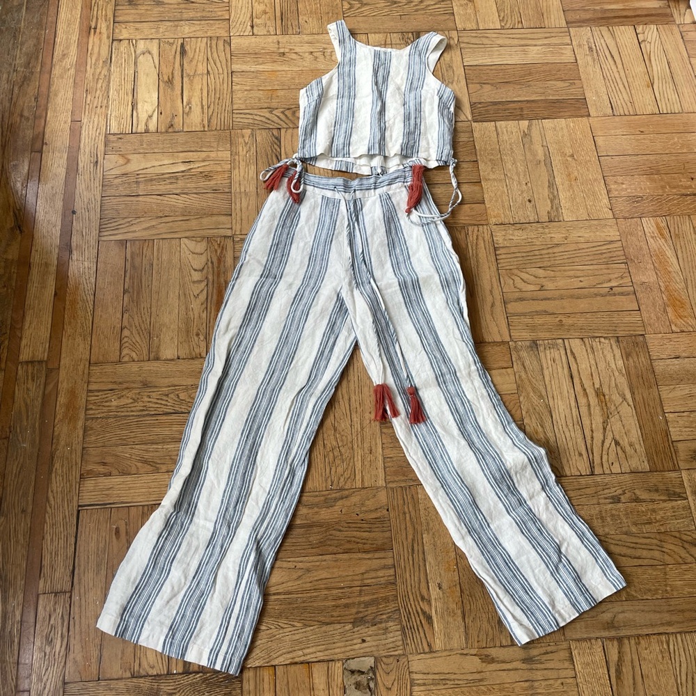 Blue & white striped pant set with copper tassels from Tularosa